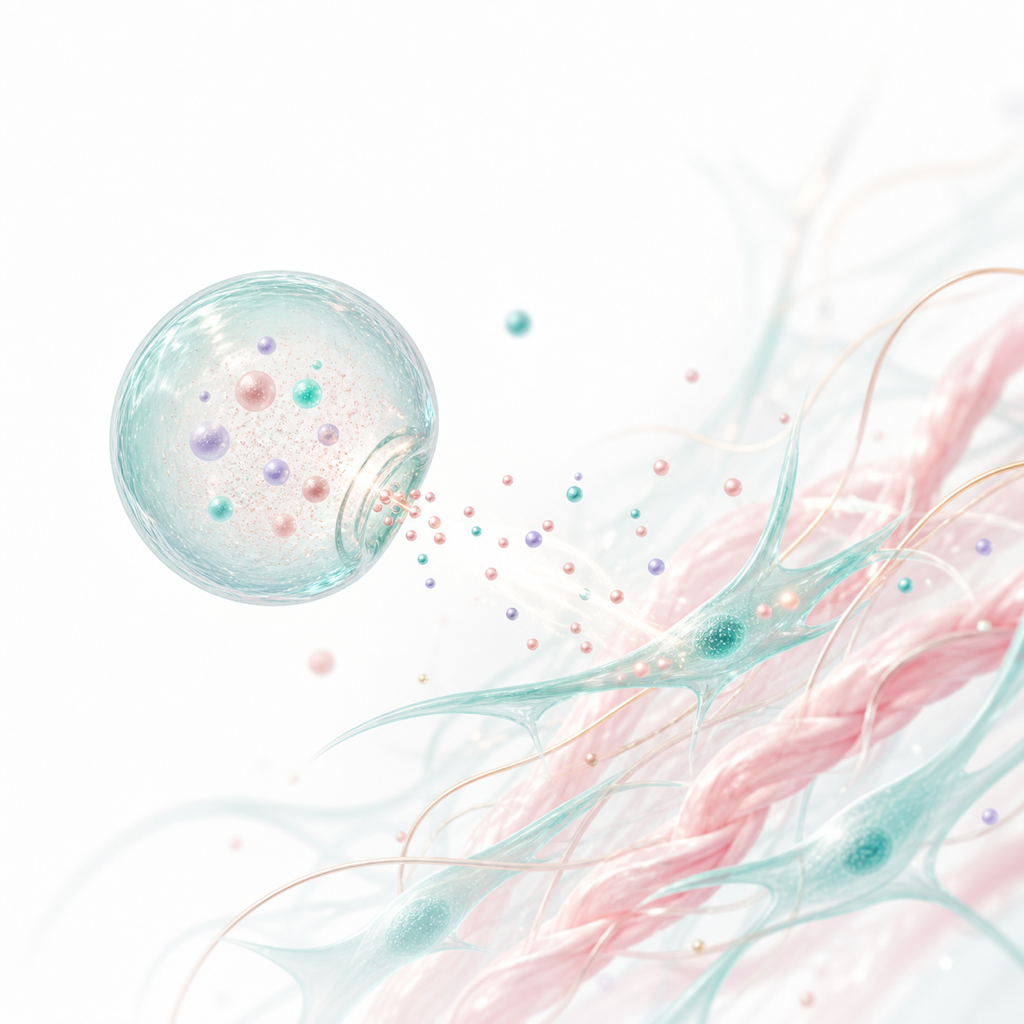 Exosome (extracellular vesicle) concept — a small 40-150 nm particle secreted by cells that carries signaling molecules such as proteins and miRNA, illustrating the research perspective of action toward fibroblasts and collagen