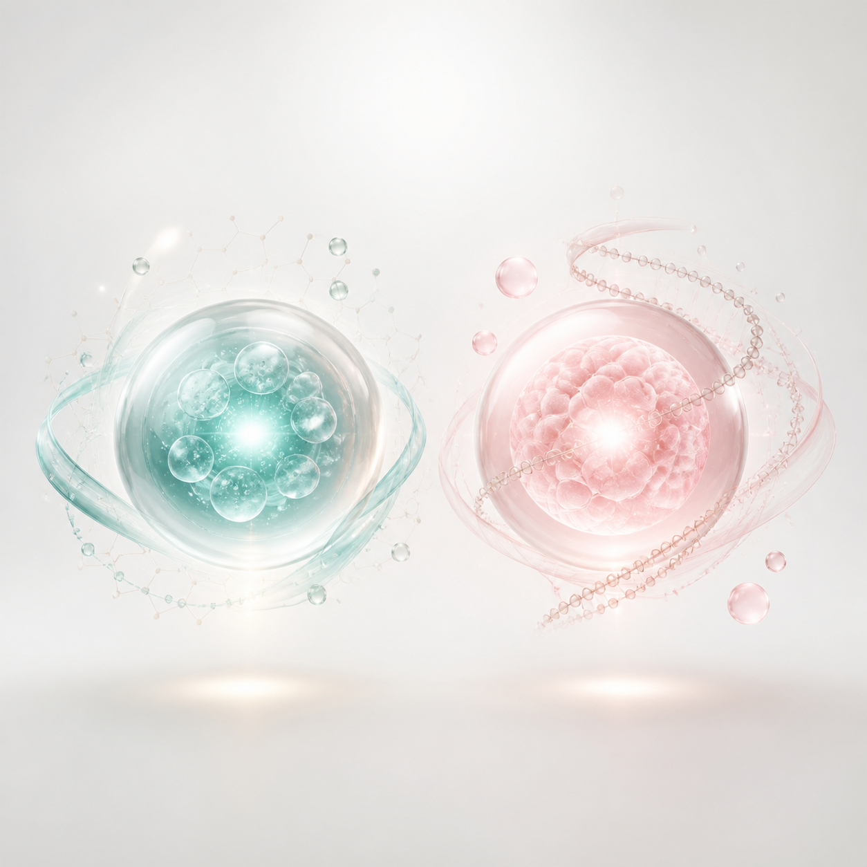 엑소좀과 리쥬란 두 피부 재생 시술을 나란히 비교하는 미니멀 사이언스 일러스트