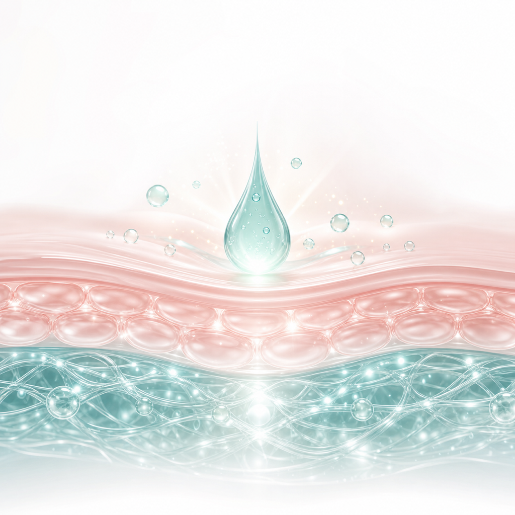 スキンブースターが肌の水分・コラーゲンを補うイラストレーション — HA・PDLLA・PN系施術の概観 | セリニック医院(Cellinique)