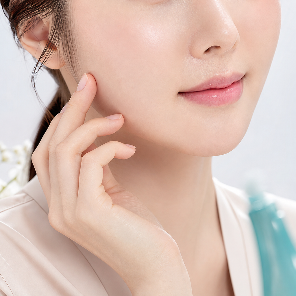 중안면·팔자주름 부위 피부를 차분하게 관리하는 우아한 여성의 모습을 표현한 이미지