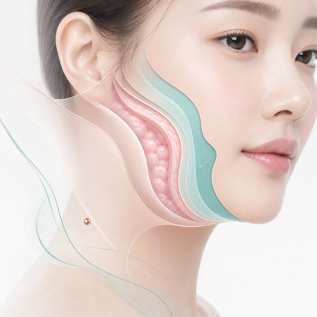 중안면(팔자주름 부위)의 진피·지방층·골격 등 여러 층의 노화 구조를 표현한 일러스트