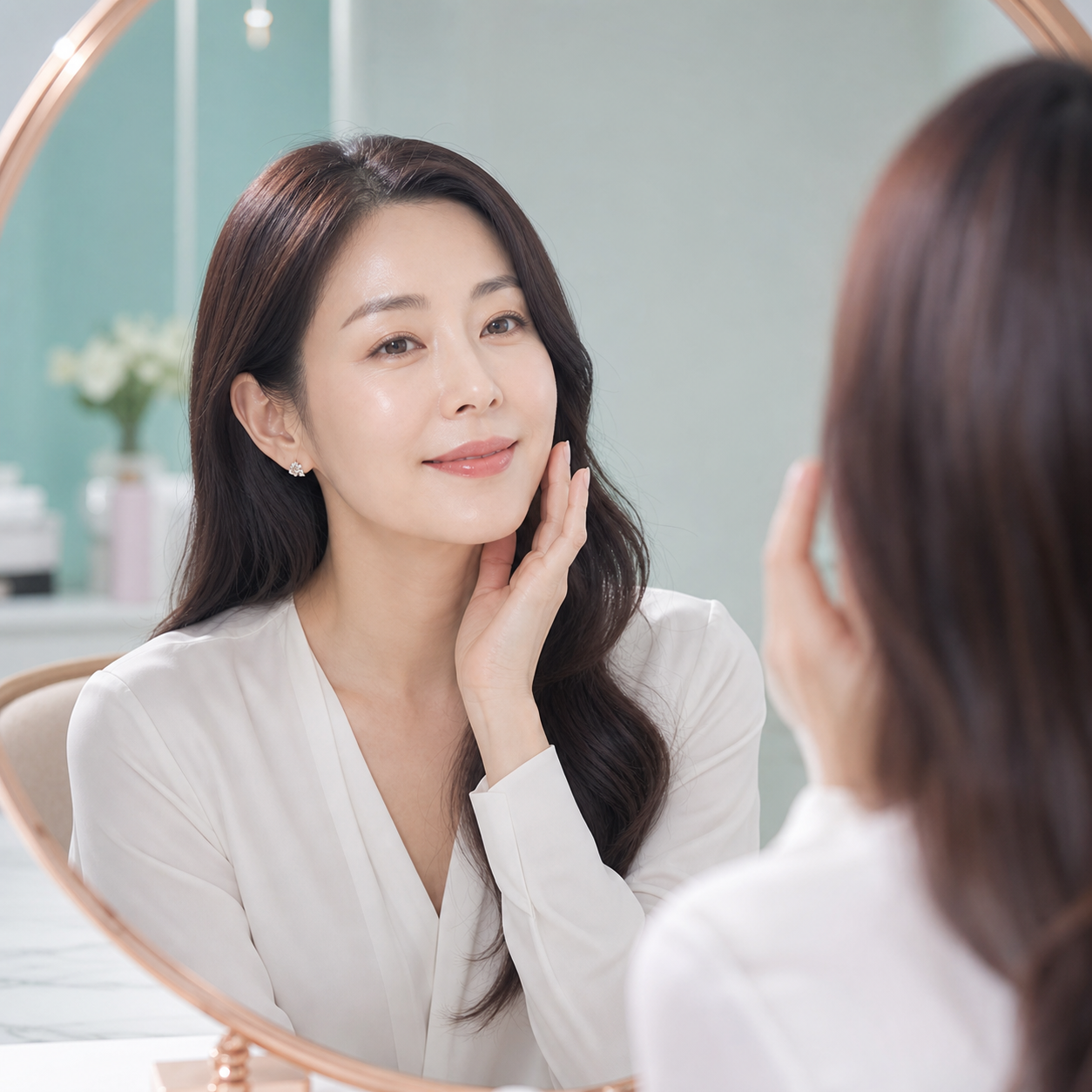 셀리닉의원 사전 상담 — 우아한 여성이 매끄러운 피부 상태를 점검하는 프리미엄 피부과 케어 장면