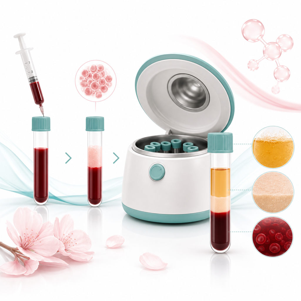PRF treatment process — blood draw, centrifugation, fibrin separation, application