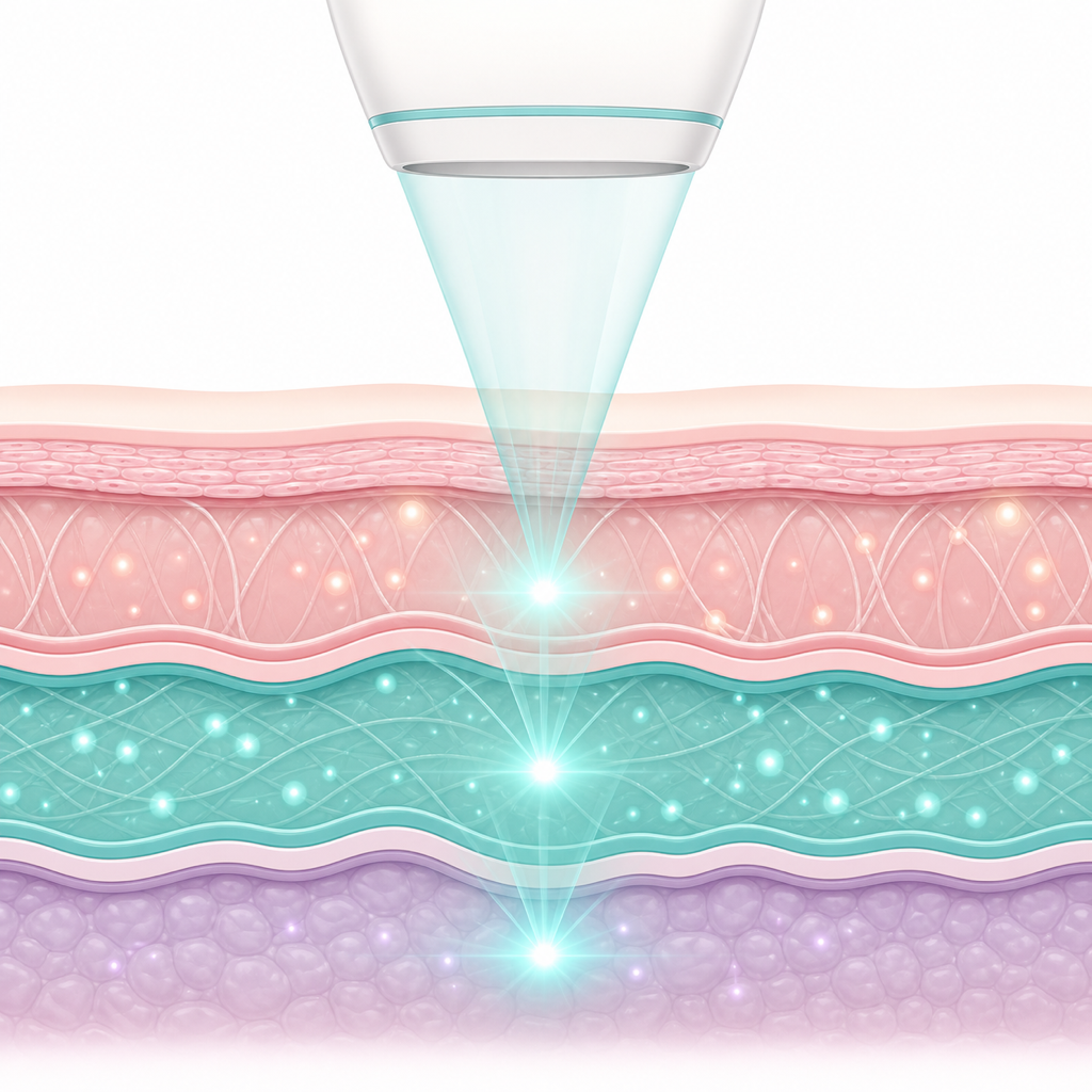 Ultherapy HIFU 超声在真皮与 SMAS 层形成热凝固点(TCP)以诱导胶原再生的剖面示意图