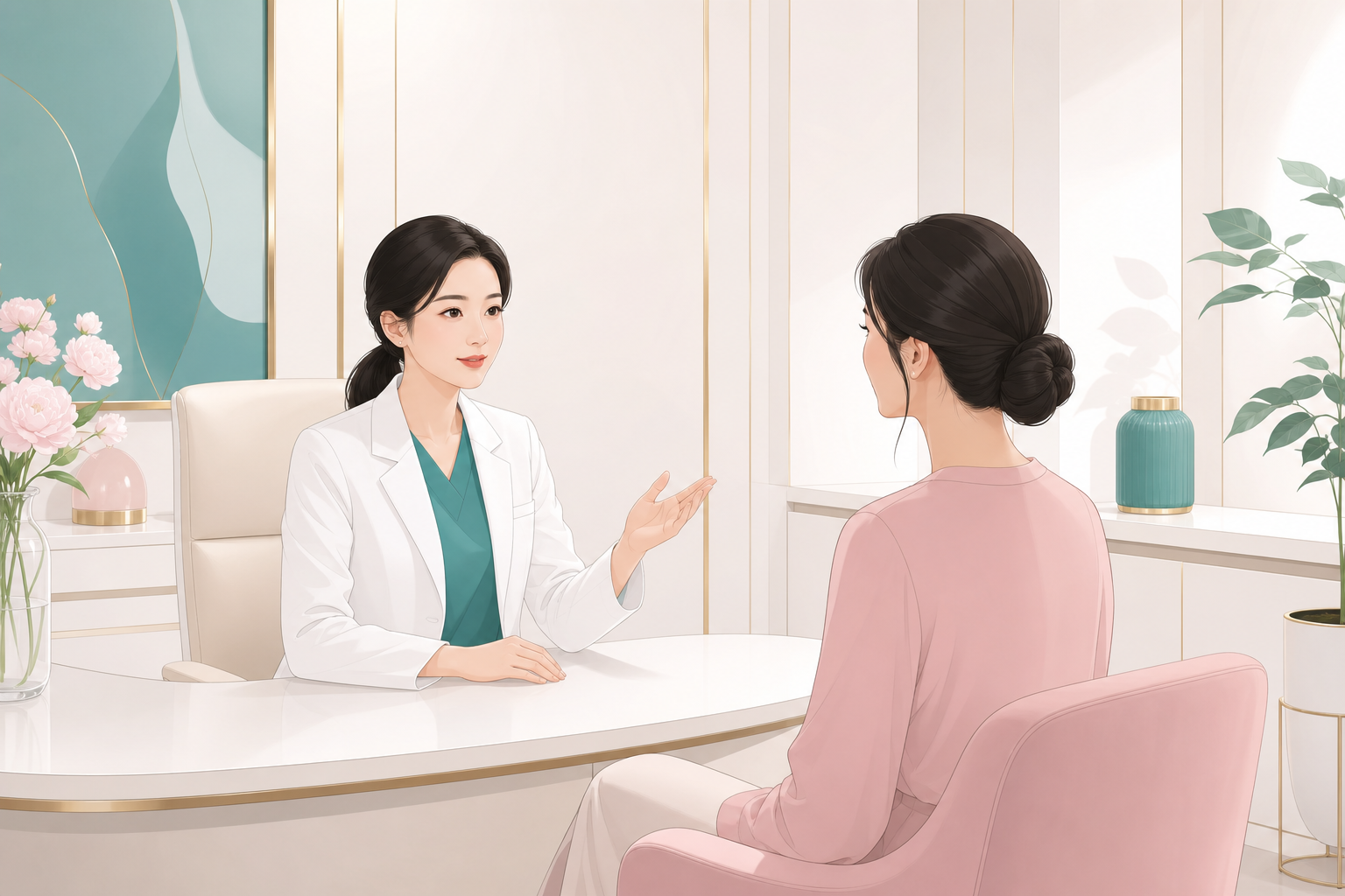プライベート皮膚科 1対1パーソナルケア — Celliniqueのプレミアムクリニック相談室イラスト